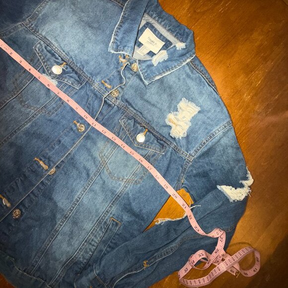 Distressed Blue Jean Jacket Cropped Ripped Forever 21 Small - Picture 7 of 8